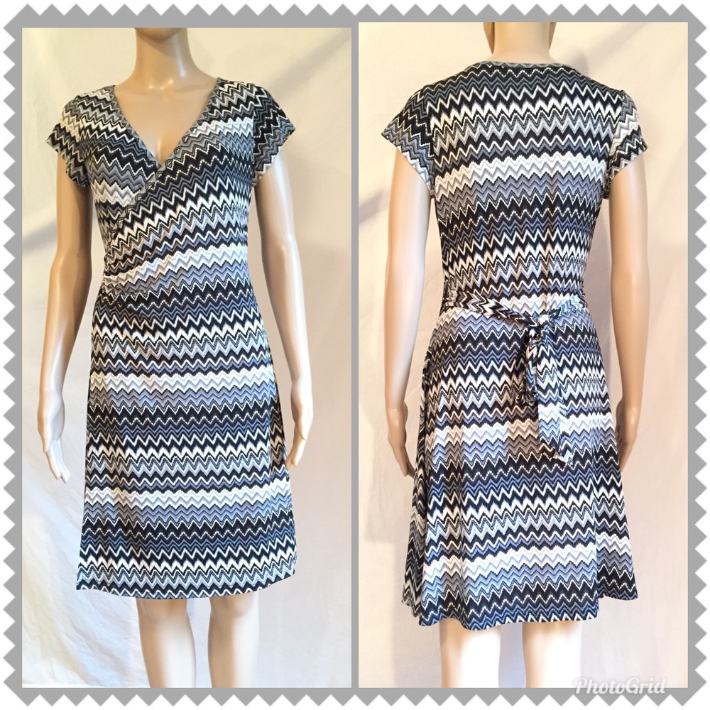 Neesha Gray and White Zig Zag Print Wrap Dress